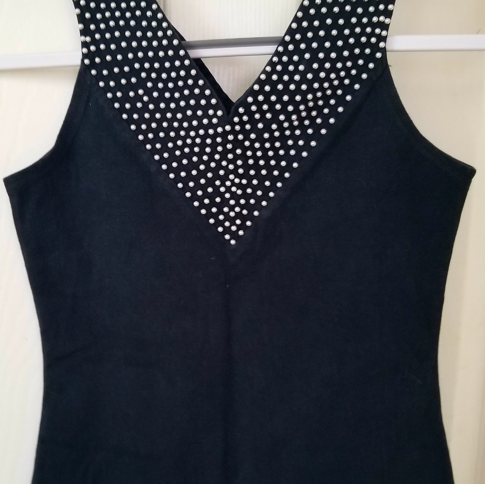 Vintage 1980s HUNZA black bodycon tank top with pearl embellished V front & back